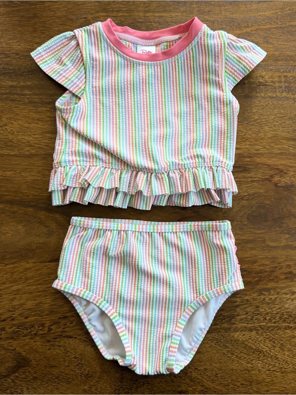 Ruffle Butts Pastel Striped Two-Piece with Pink Ruffle Trim